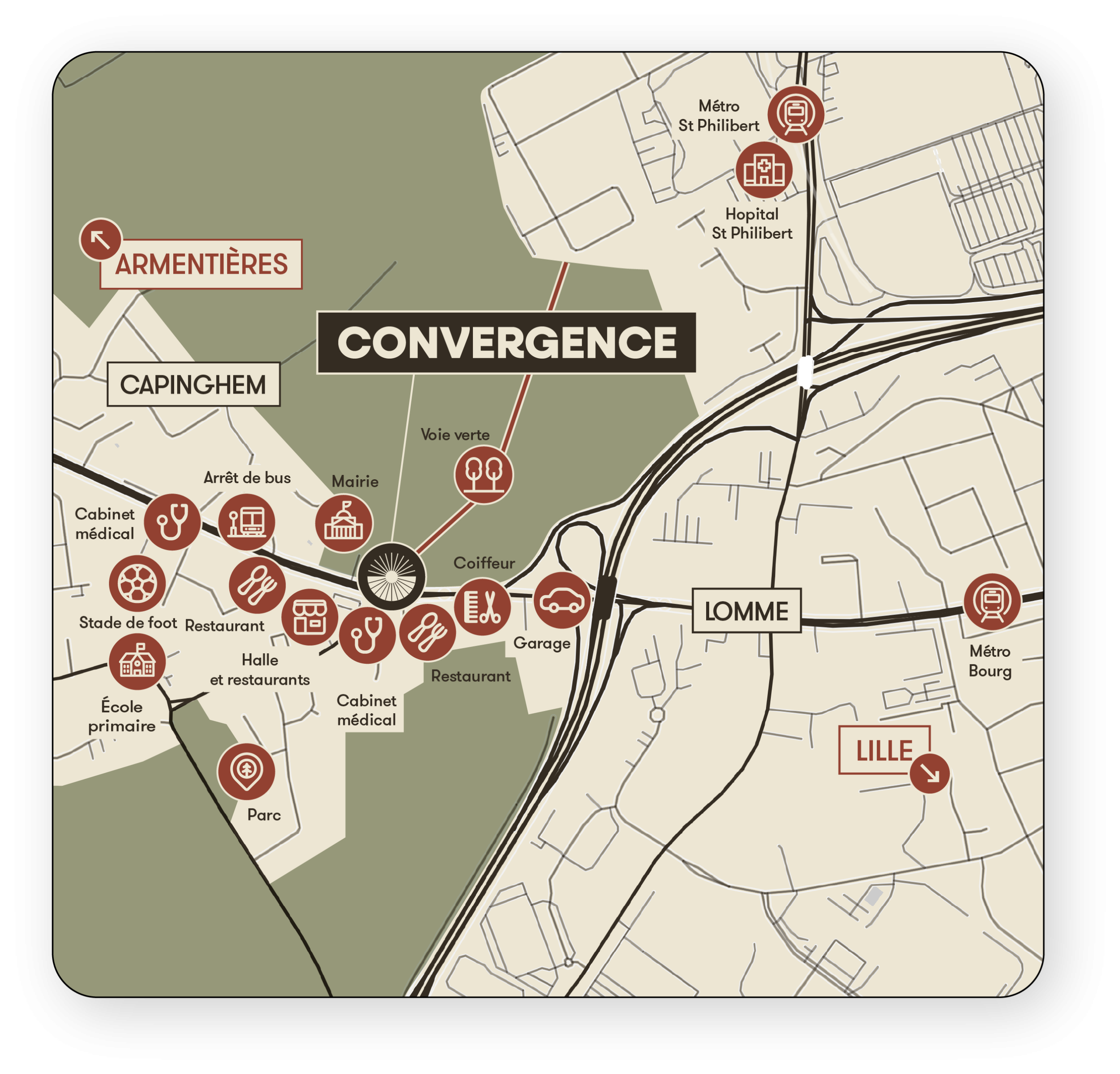 Carte du quartier de Capinghem montrant la résidence Convergence et les points d'intérêt