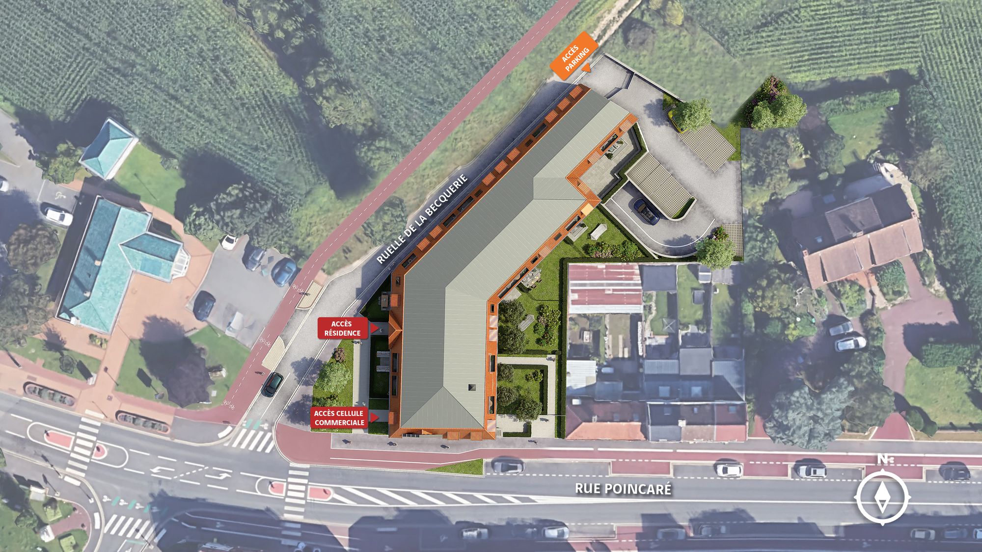 Vue 3D aérienne de la résidence Convergence — Mairie, Voie verte, accès parking et accès résidence